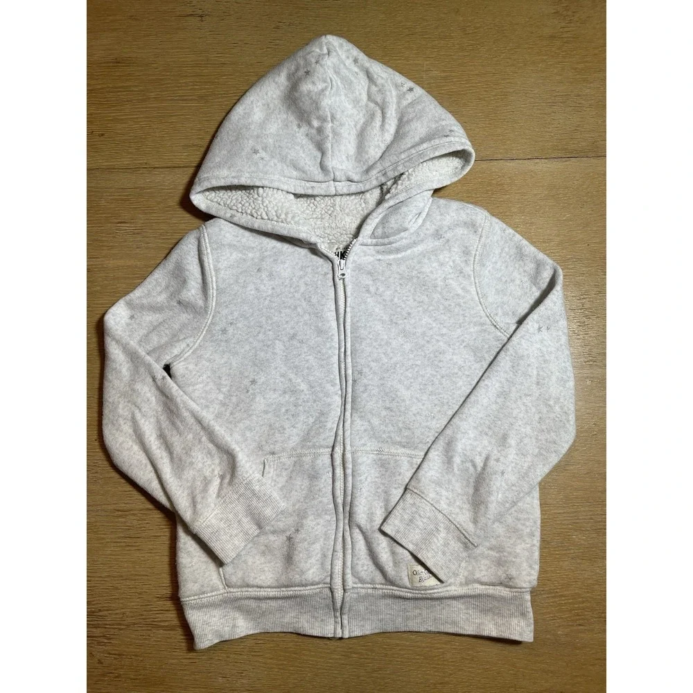 OshKosh Sherpa Lined Zip Up Hooded Grey Sweatshirt Stars Pattern Girls Size 7